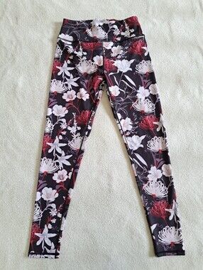 Floral Activewear Leggings Women's Size Medium Black Pink Stretch Workout Casual